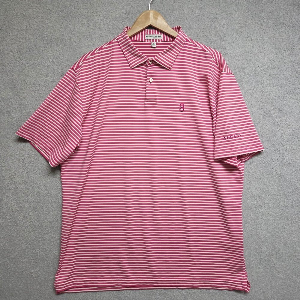 Peter Millar Shirt Men XL Pink Stripe Albany Golf Club Tour Fit Performance Polo